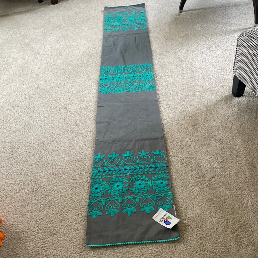 Crewel stitch grey embroidered runner teal thread